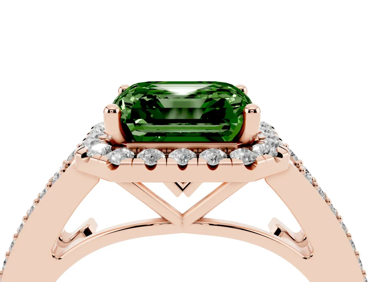 Fancy Green Asscher Cut Halo Split Shank Diamond Ring with Prong Setting Rose gold