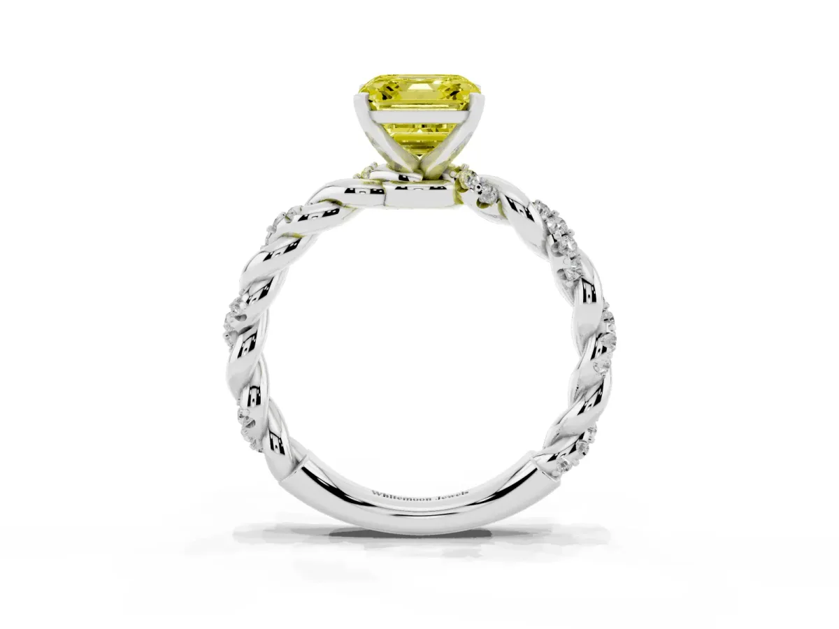 Fancy Yellow Asscher Cut Diamond Solitaire Ring with Twisted Band and Pavé Accents Platinum