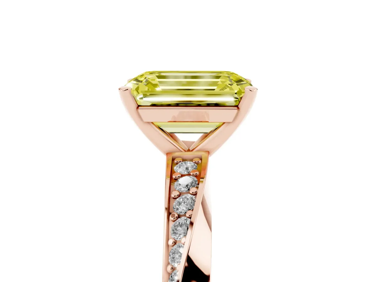Fancy Yellow Emerald Cut Diamond Engagement Ring with Side Stone Accents and Four-Prong Setting Rose gold
