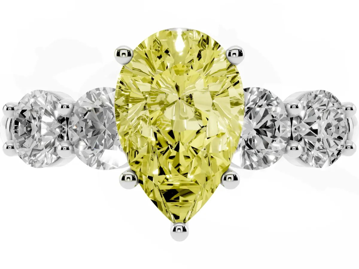 Fancy Yellow Pear Cut Cut Five-Stone Prong Set Diamond Ring with Classic Band Silver
