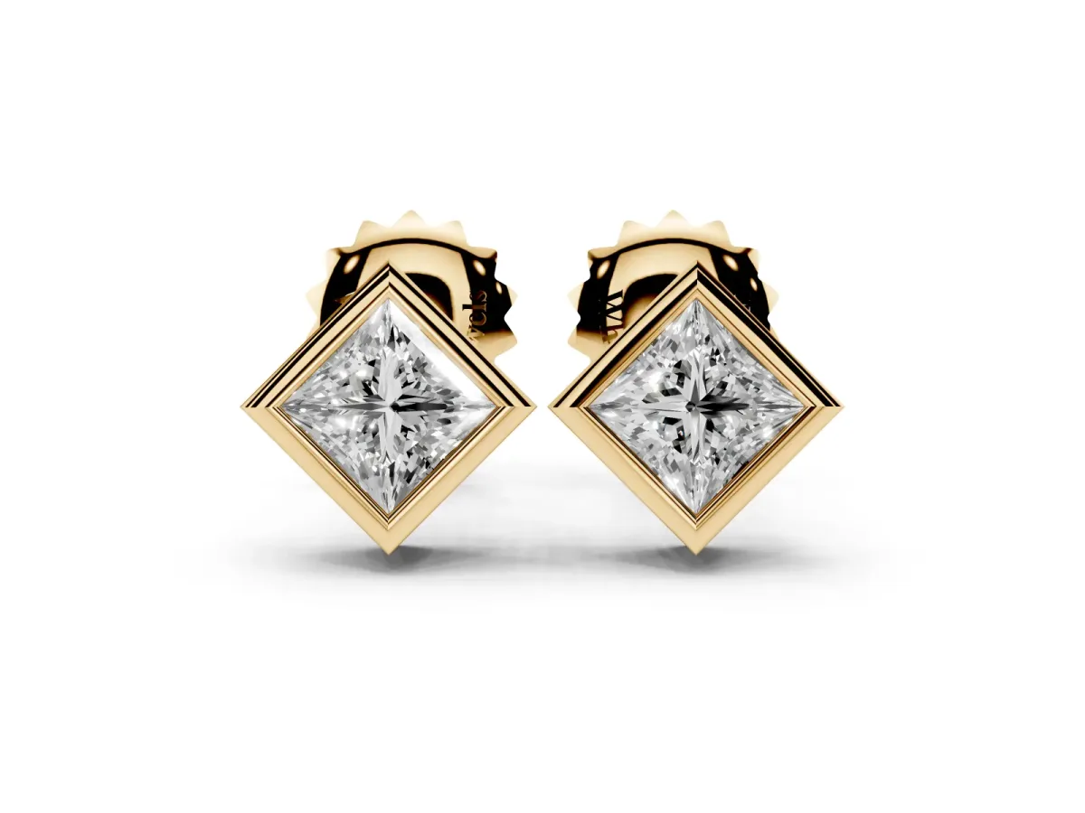 Princess Cut Bezel Set Diamond Stud Earrings Yellow gold