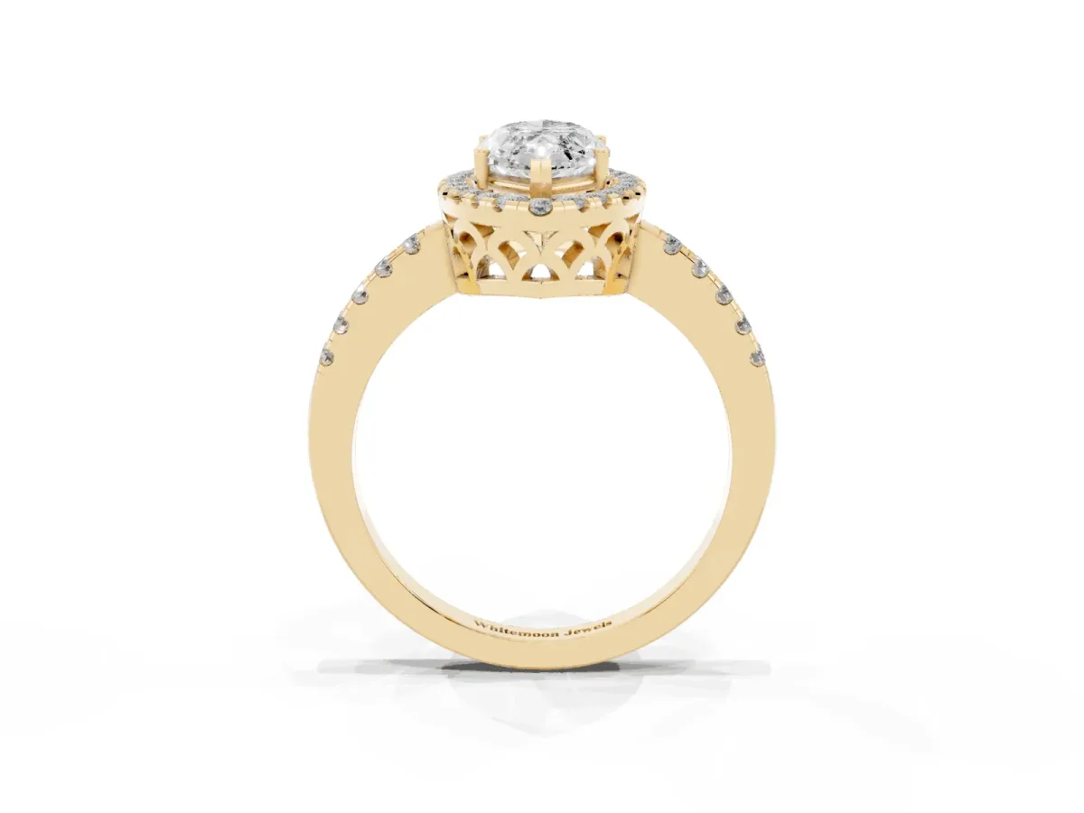 Marquise Cut Halo Diamond Engagement Ring with Pavé Band and Four-Prong Setting Yellow gold