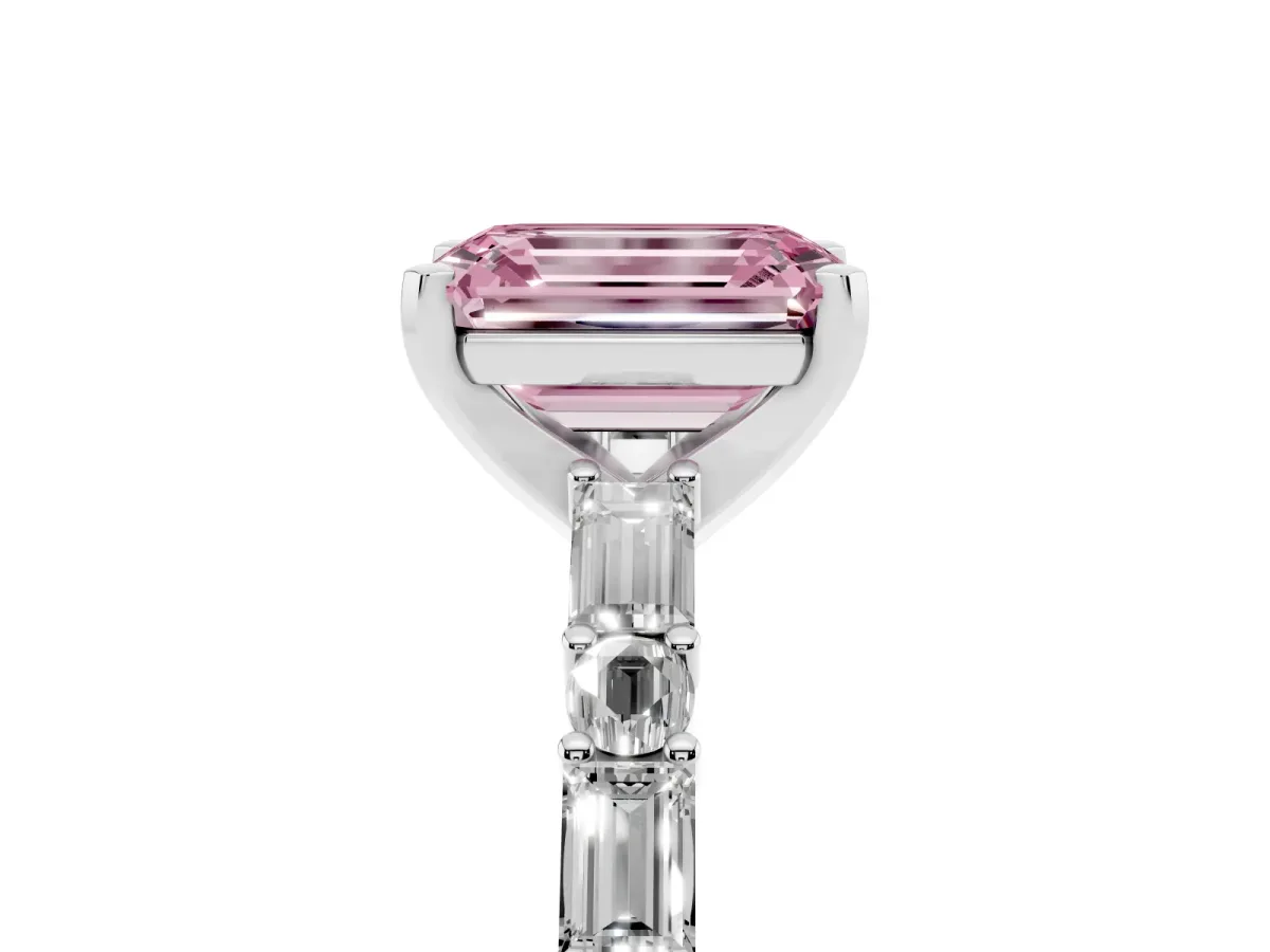 Fancy Pink Emerald Cut Diamond Solitaire with Side Baguettes and Channel Set Band Silver
