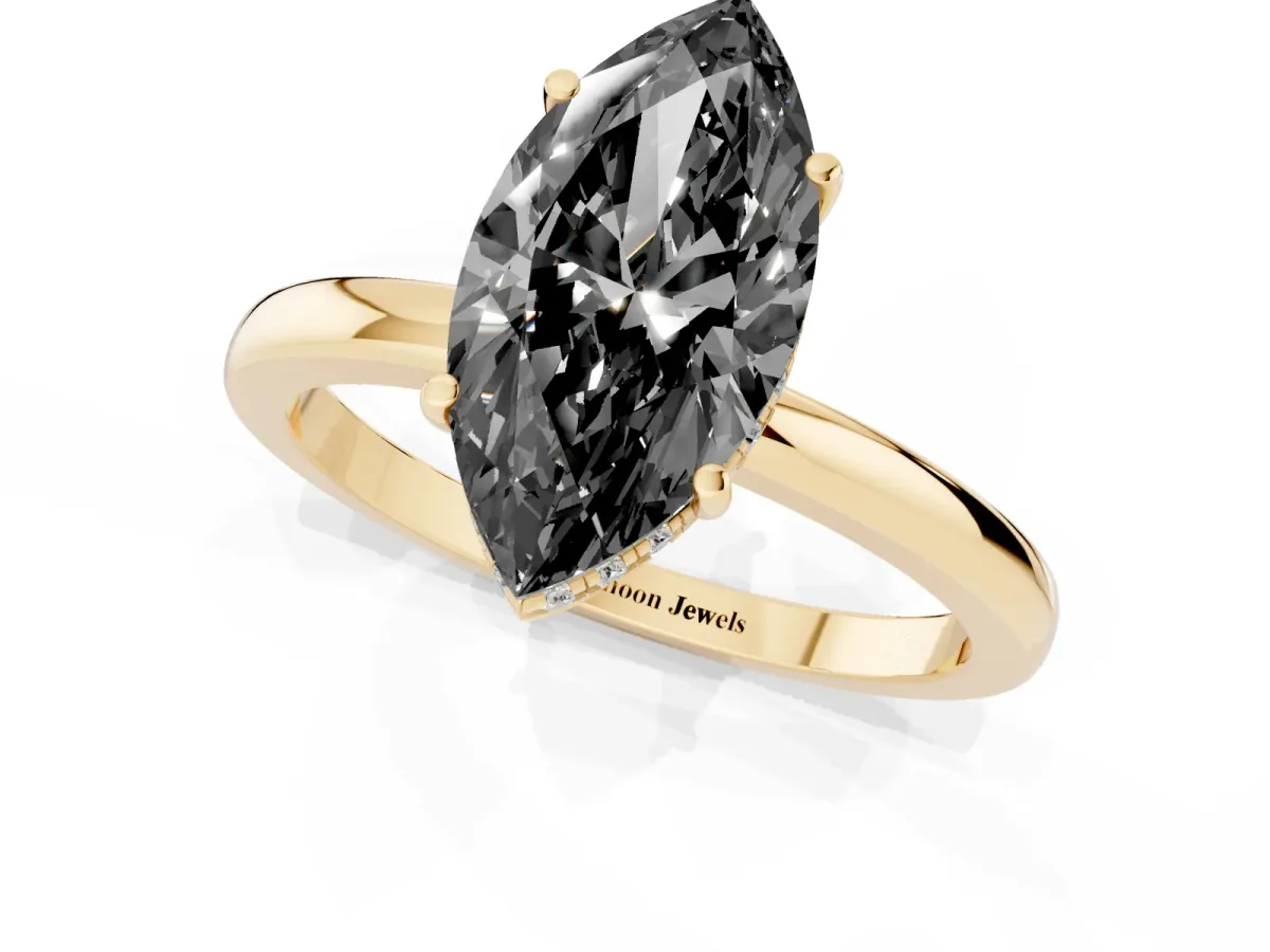 Fancy Black Marquise Cut Solitaire Diamond Ring with Prong Setting and Plain Band Yellow gold