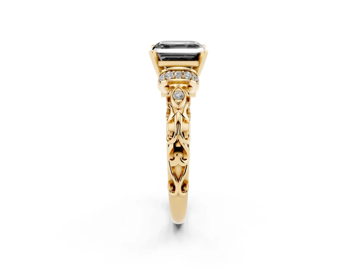 Fancy Black Asscher Cut Diamond Solitaire Ring with Filigree Band and Four-Prong Setting Yellow gold