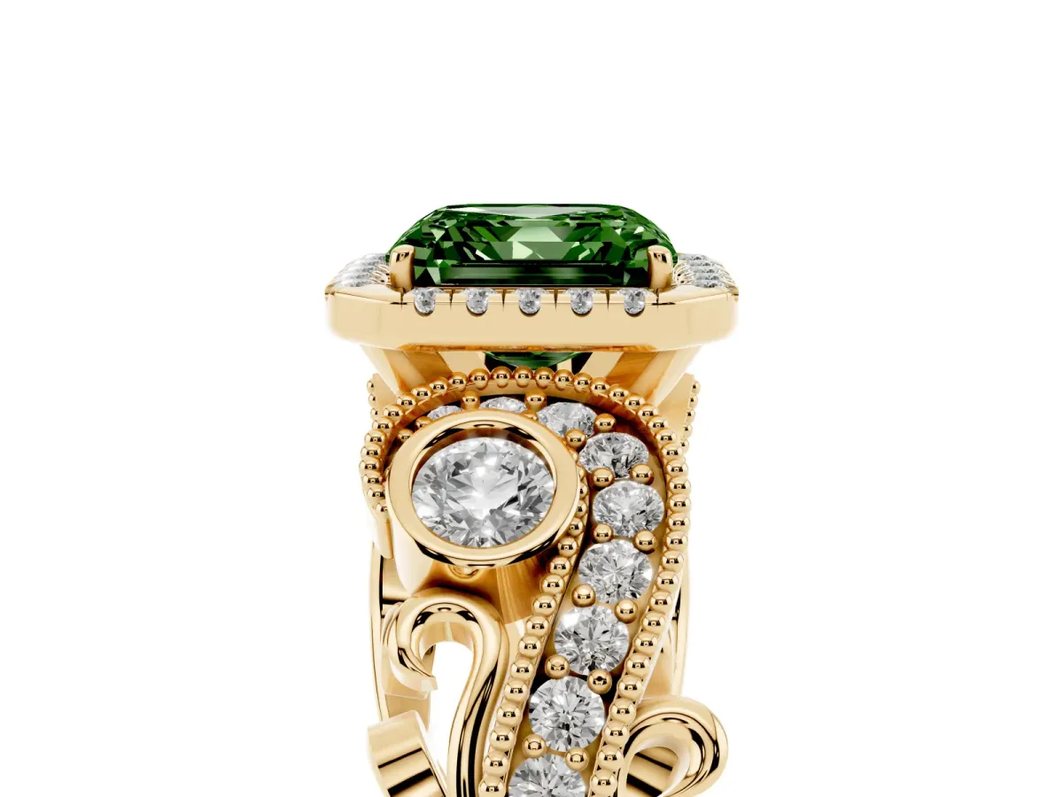 Fancy Green Asscher Cut Halo Diamond Ring with Milgrain and Bezel Accents on a Split Shank Band Yellow gold