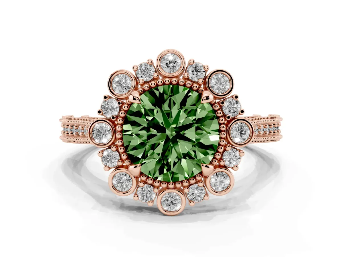 Fancy Green Round Cut Halo Milgrain Pave Diamond Ring with Four-Prong Setting Rose gold