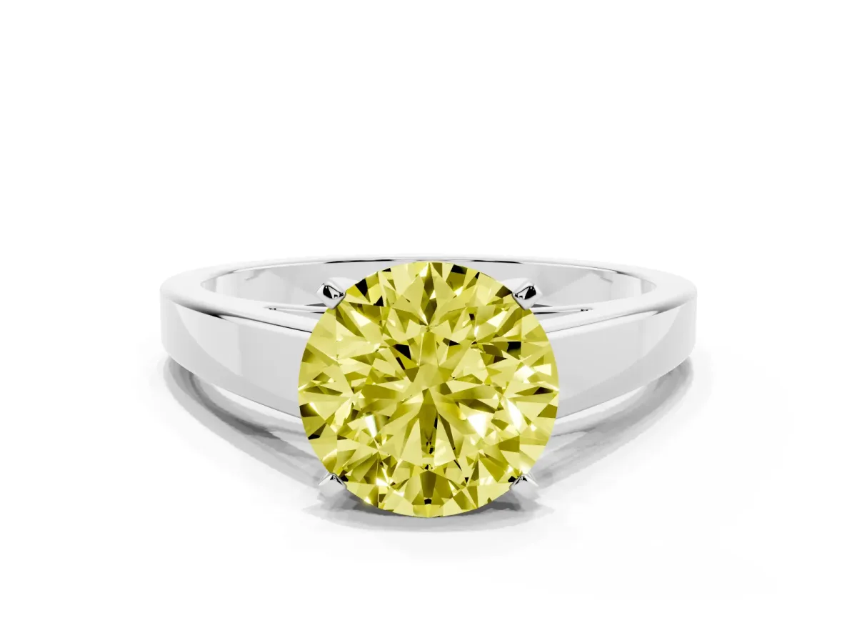 Fancy Yellow Round Cut Solitaire Engagement Ring with Four-Prong Setting and Tapered Band Silver