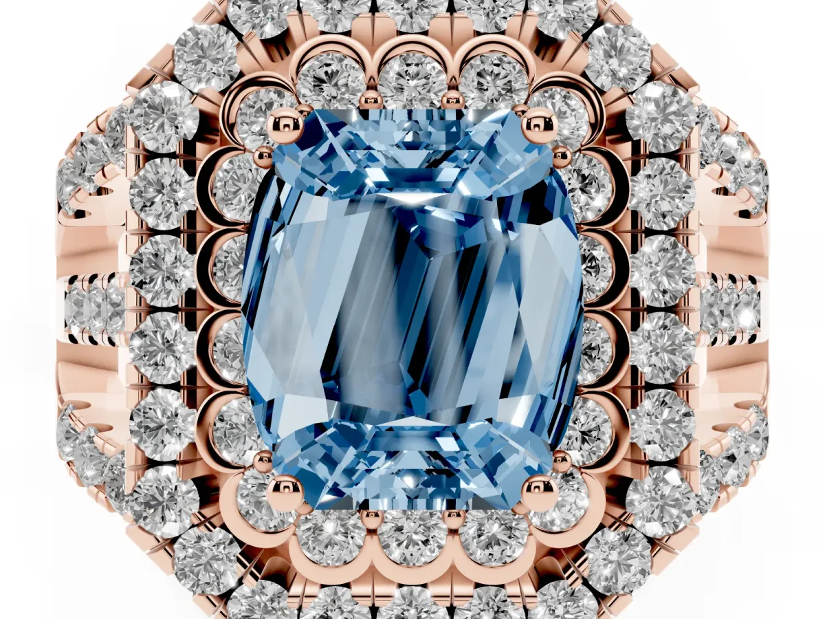 Fancy Blue Emerald Cut Diamond Double Halo Ring with Round Pavé Split Shank and Prong Setting Rose gold