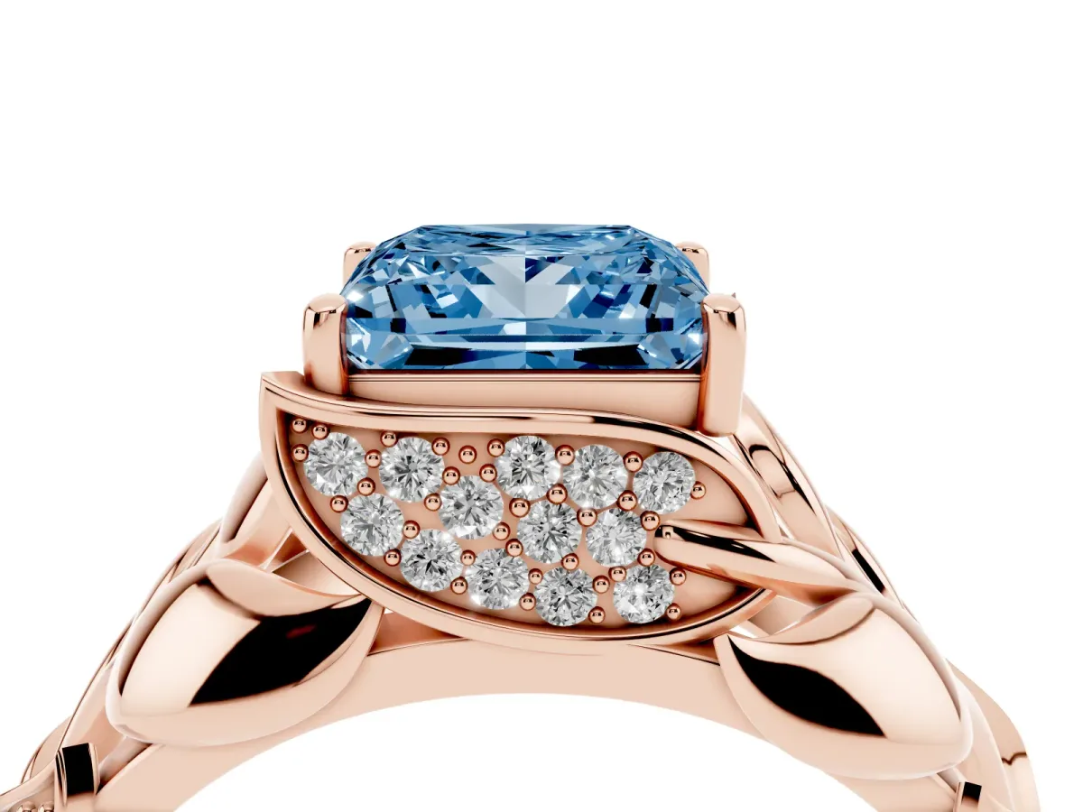 Fancy Blue Princess Cut Diamond Leaf-Inspired Engagement Ring with Round Accents and Prong Setting Rose gold