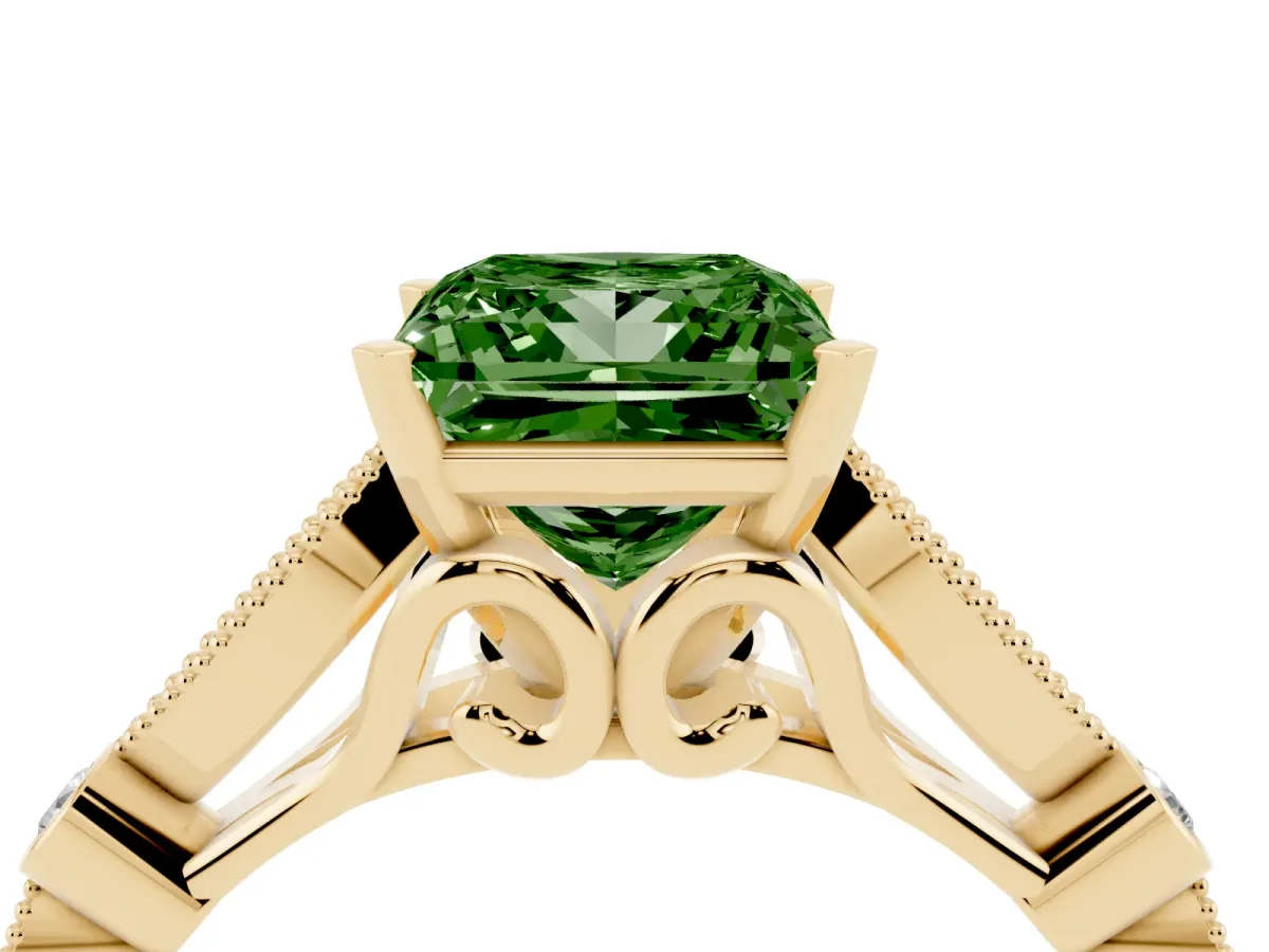 Fancy Green Princess Cut Cut Diamond with Milgrain Marquise and Bezel Accents on a Solitaire Band with Prong Setting Yellow gold