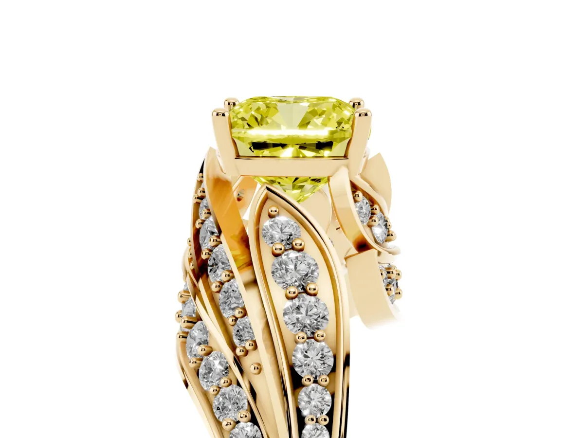 Fancy Yellow Cushion Cut Diamond Solitaire Ring with Prong Setting and Twisted Pavé Band Yellow gold