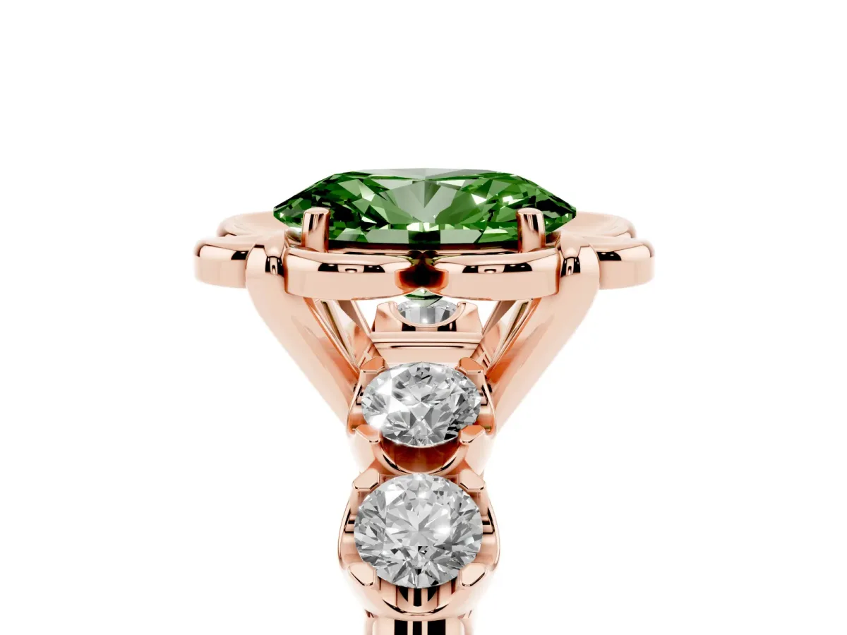 Fancy Green Oval Cut Cut Diamond Floral Halo Engagement Ring with Shared Prong Setting Rose gold