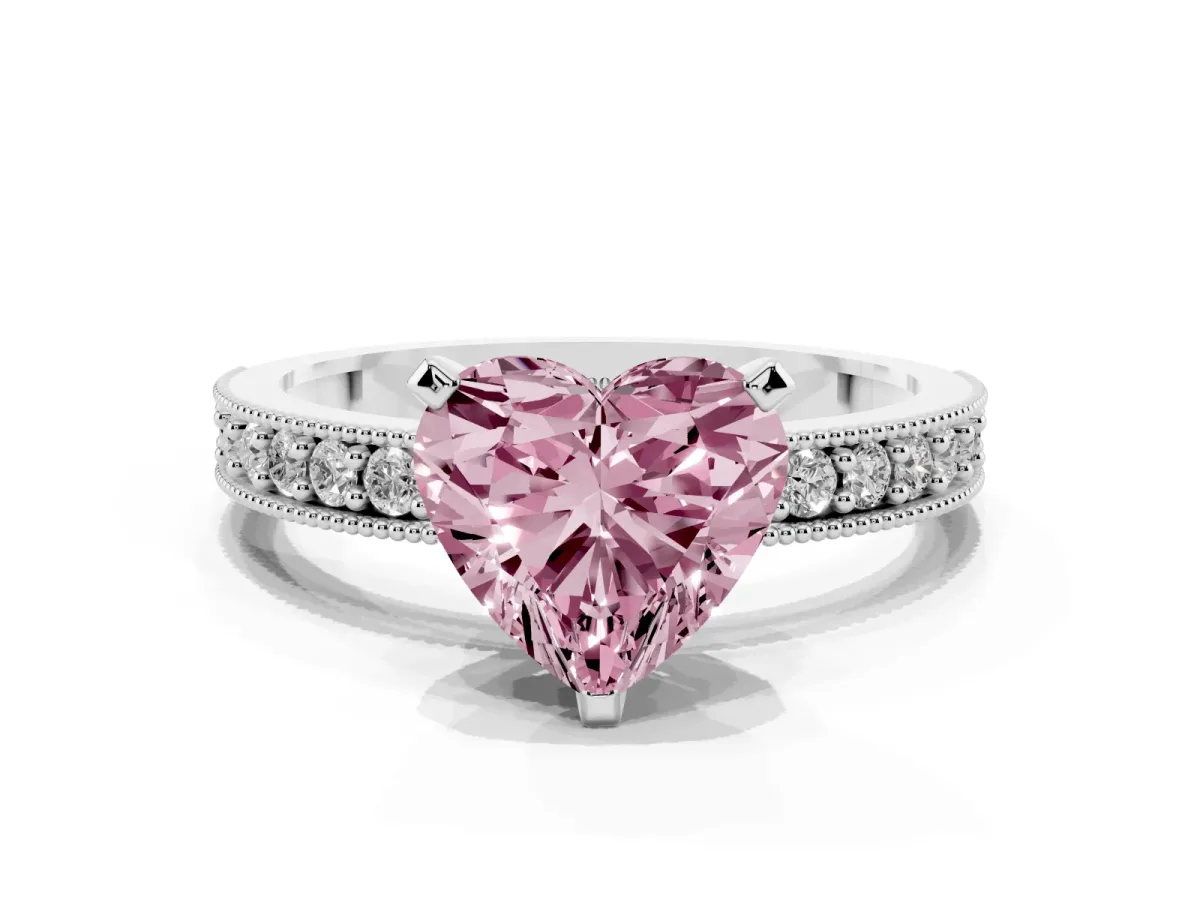 Fancy Pink Heart Cut Diamond Milgrain Pavé Engagement Ring with Four-Prong Setting Silver