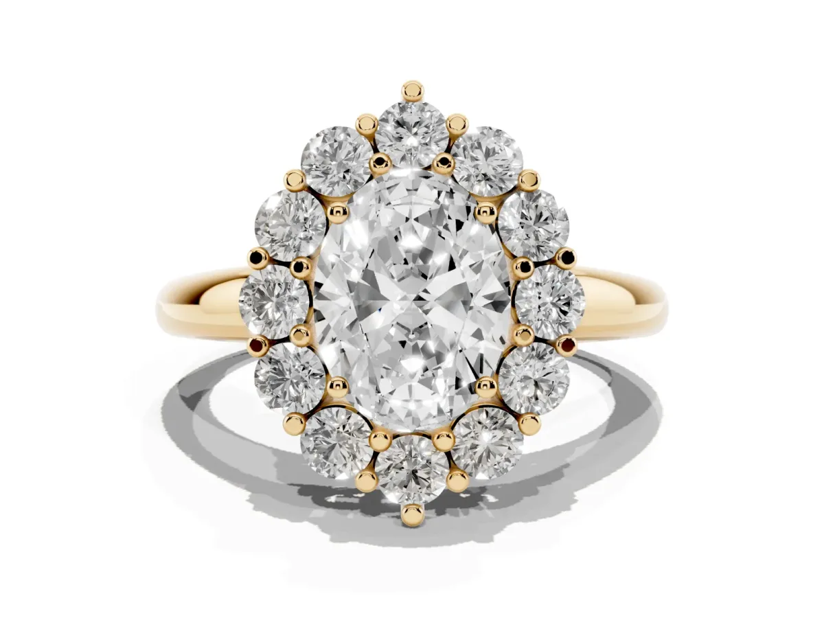 Oval Cut Halo Cluster Diamond Engagement Ring with Prong Setting and Polished Band Yellow gold