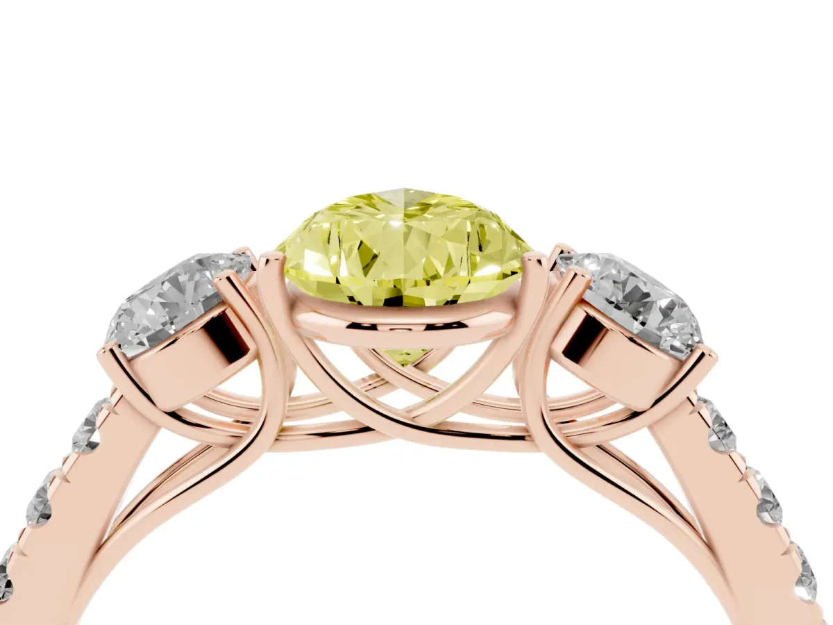 Fancy Yellow Pear Cut Cut Diamond Three-Stone Ring with Round Side Stones and Pavé Band Rose gold