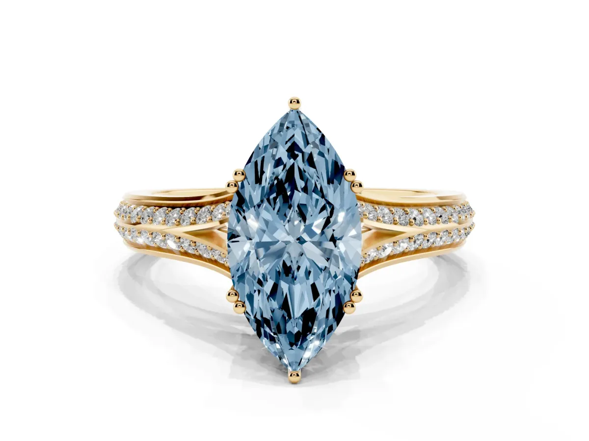 Fancy Blue Marquise Cut Diamond Split Shank Engagement Ring with Pavé Band Yellow gold
