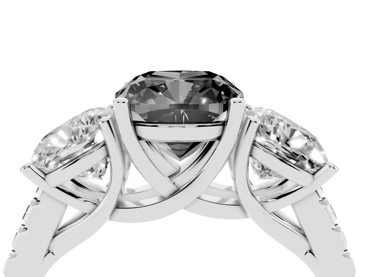 Fancy Black Three-Stone Cushion Cut Diamond Ring with Round Pavé Band and Prong Setting Silver