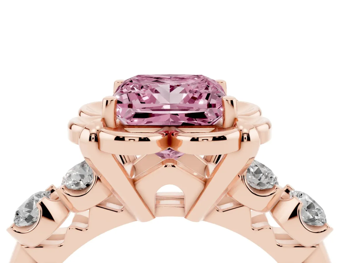 Fancy Pink Princess Cut Cut Diamond Floral Halo Engagement Ring with Shared Prong Setting Rose gold
