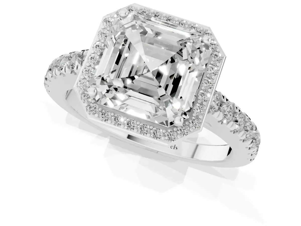Asscher Cut Cut Halo Diamond Engagement Ring with Pave Band and Four-Prong Setting White gold