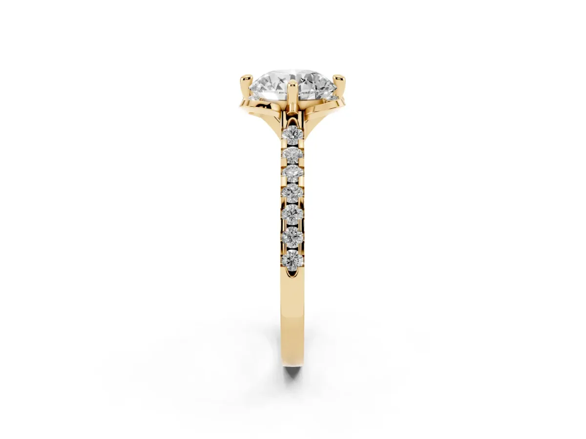 Round Cut Diamond Ring with Pavé Band and Floral Prong Setting Yellow gold
