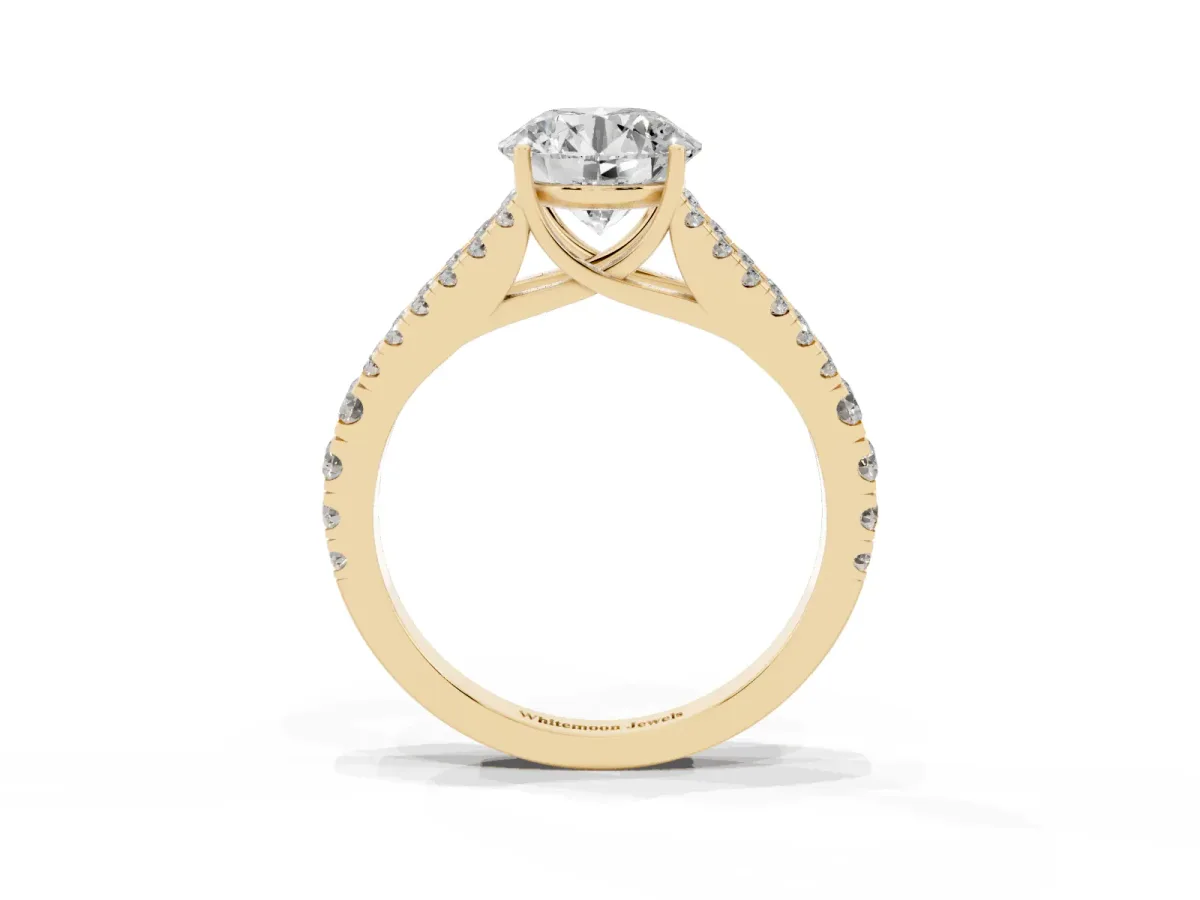 Round Cut Diamond Split Shank Engagement Ring with Round Pavé and Prong Setting Yellow gold