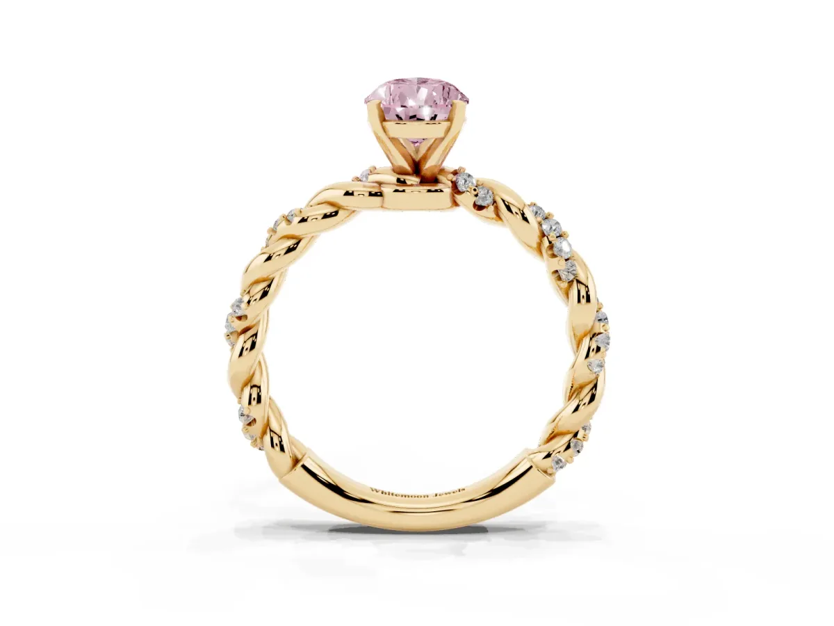 Fancy Pink Pear Cut Diamond Solitaire Ring with Twisted Band and Pavé Accents Yellow gold