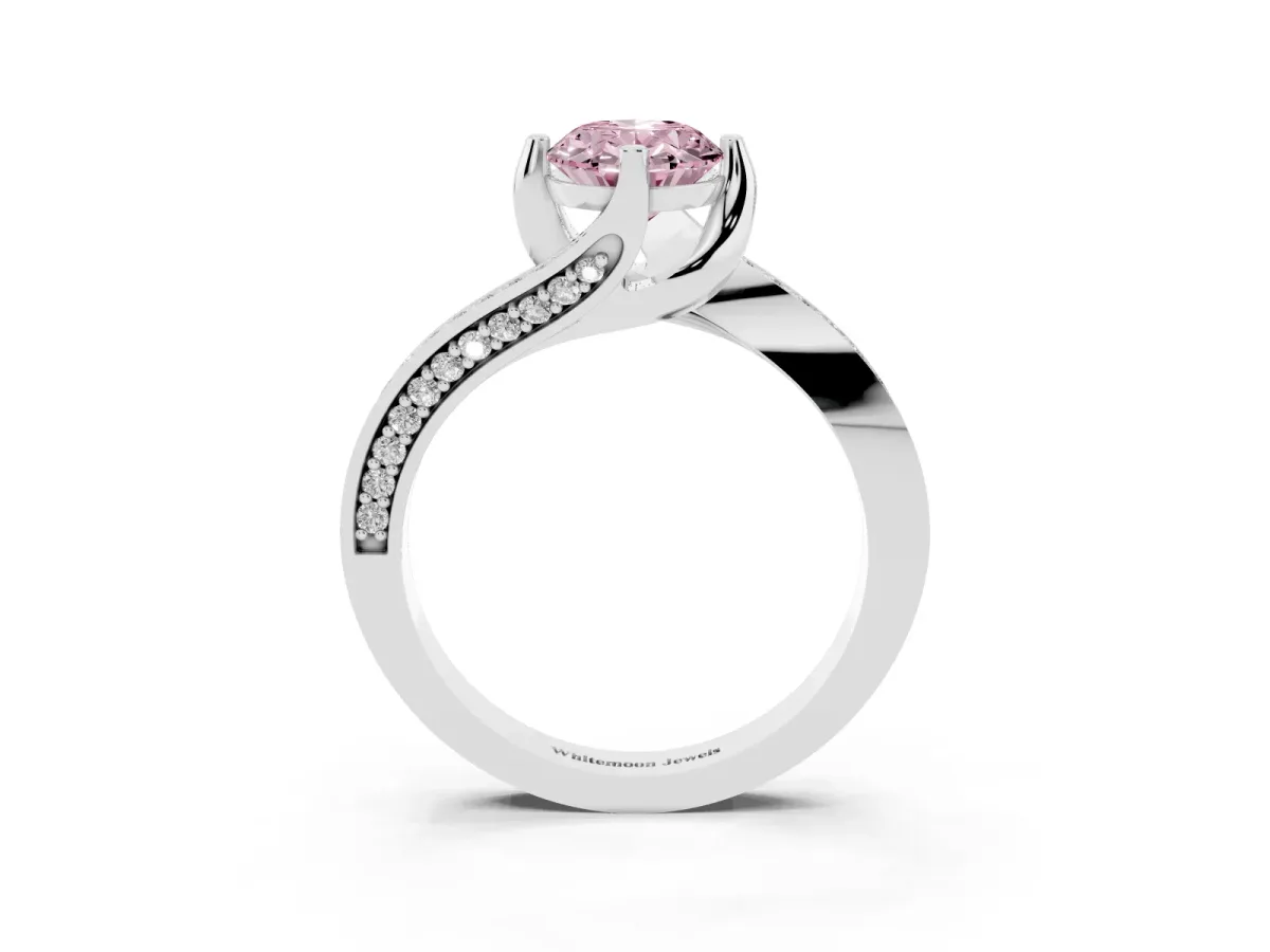 Fancy Pink Oval Cut Solitaire Diamond Twist Band with Pavé Setting and Four-Prong Setting Silver