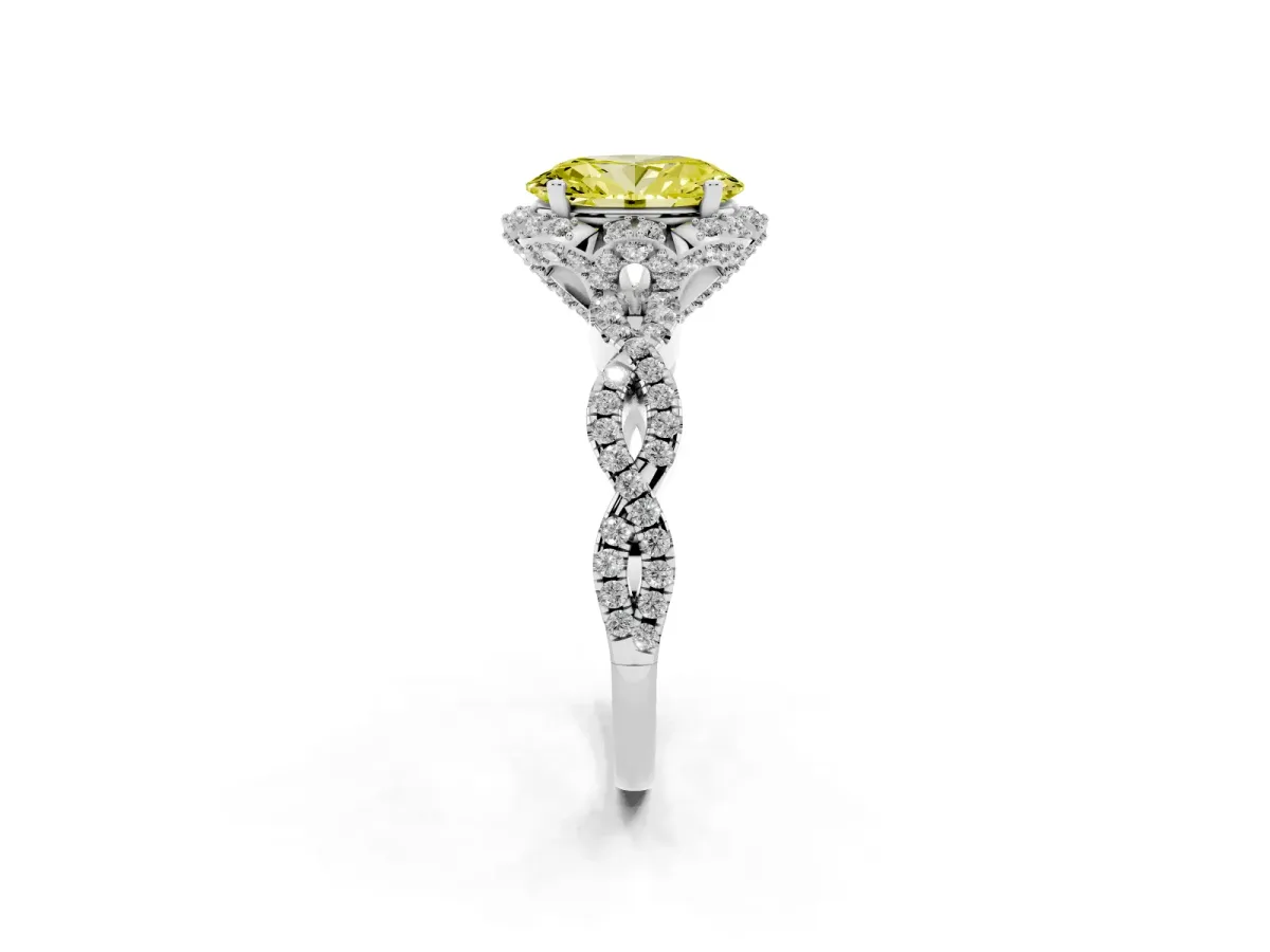 Fancy Yellow Oval Cut Halo Twist Band Solitaire Ring with Six-Prong Setting Silver
