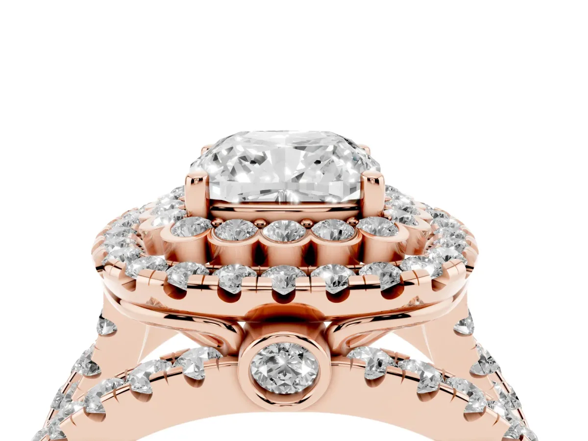 Cushion Cut Diamond Double Halo Ring with Round Pavé Split Shank and Prong Setting Rose gold