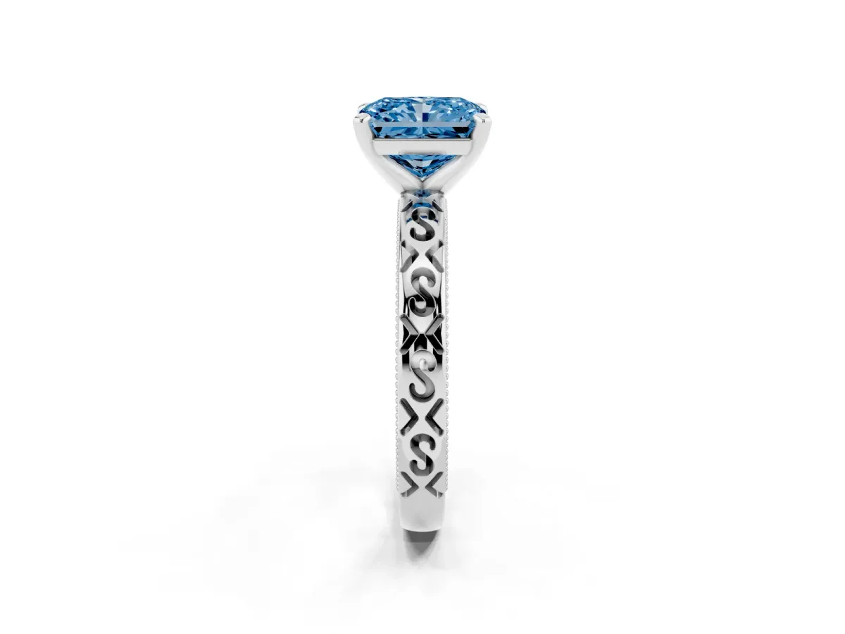 Fancy Blue Radiant Cut Solitaire Engagement Ring with Scrollwork Band and Four-Prong Setting Silver