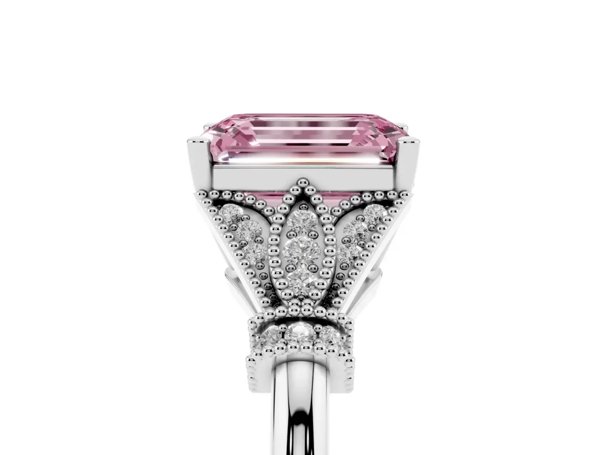 Fancy Pink Emerald Cut Diamond Solitaire Ring with Floral Filigree and Pave Accents White gold