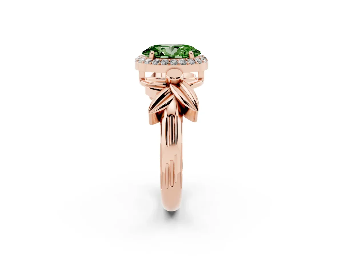 Fancy Green Oval Cut Halo Diamond Floral Band with Four-Prong Setting Rose gold