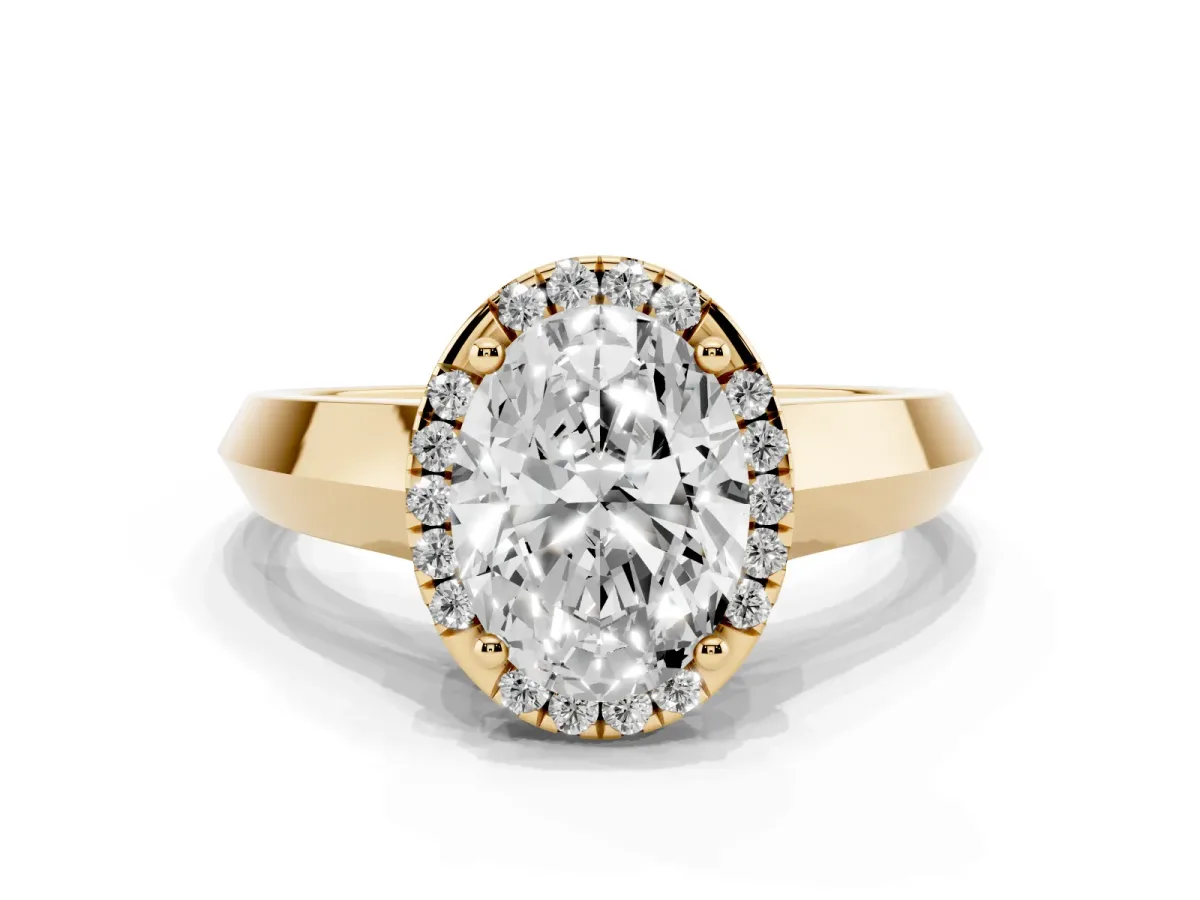 Oval Cut Halo Diamond Ring with Cathedral Band and Four-Prong Setting Yellow gold