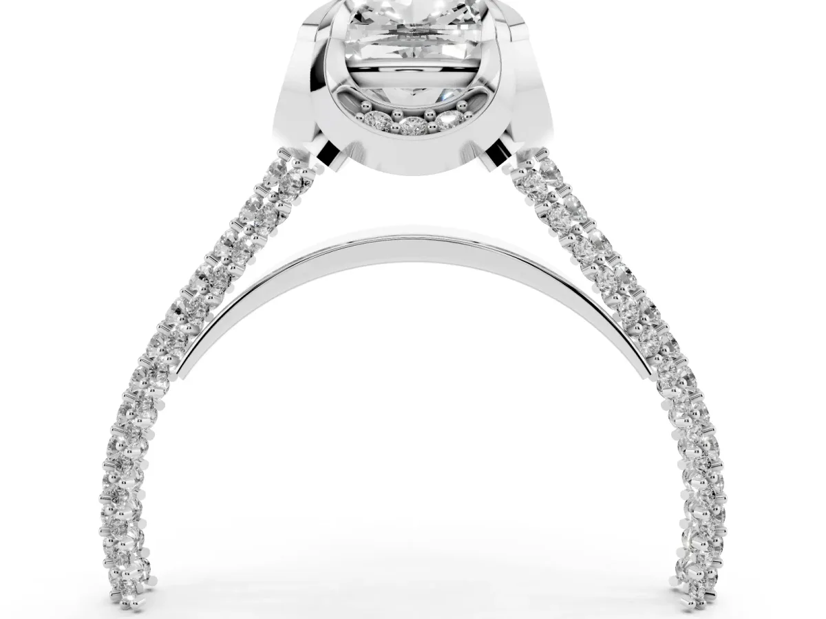 Cushion Cut Solitaire Pave Split Shank Ring with Four-Prong Setting Silver