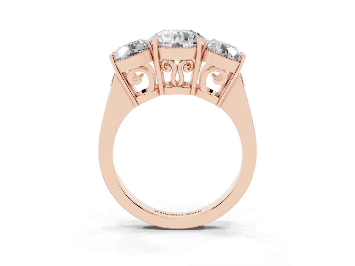 Three-Stone Round Cut Diamond Engagement Ring with Prong Setting on a Classic Band Rose gold