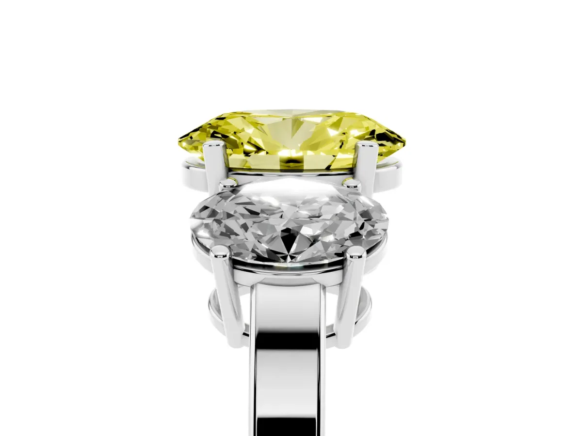 Fancy Yellow Three-Stone Oval Cut Cut Diamond Engagement Ring with Flat Band and Four-Prong Setting Silver