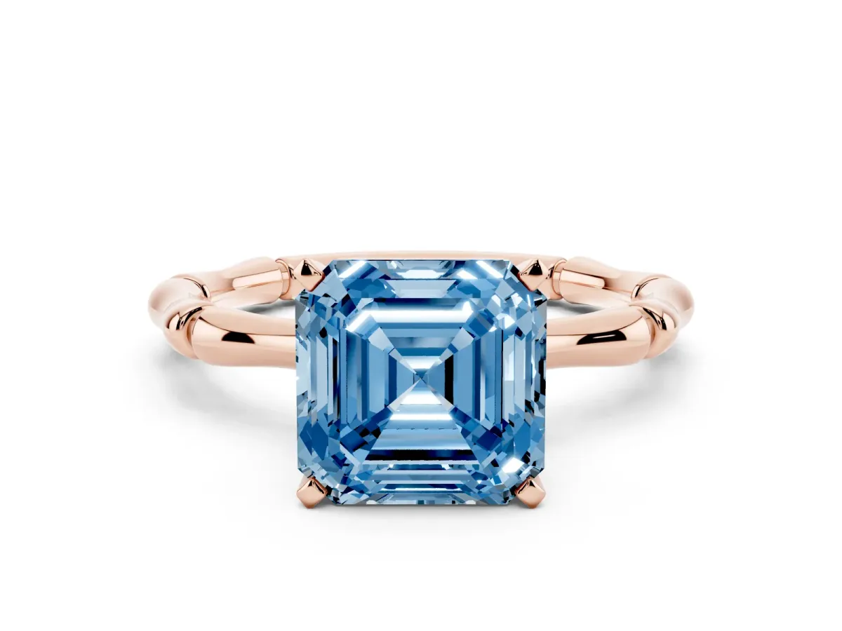 Fancy Blue Asscher Cut Solitaire Diamond Ring with Bamboo Band and Four-Prong Setting Rose gold