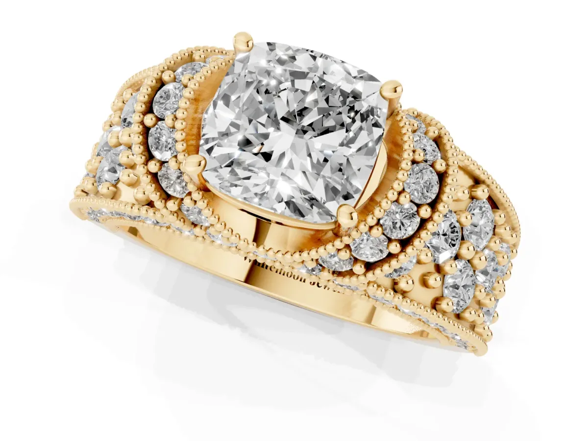 Cushion Cut Halo Pave Diamond Engagement Ring with Milgrain Detailing Yellow gold