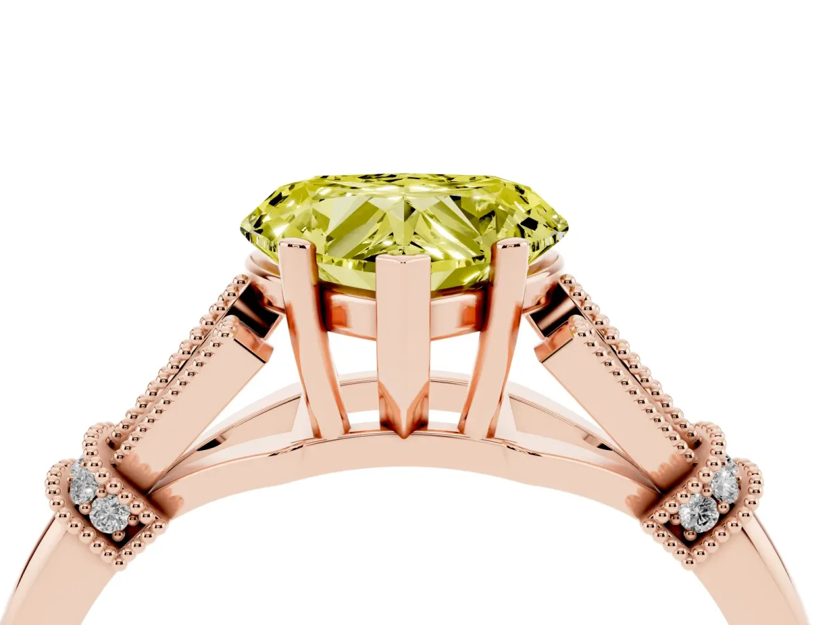 Fancy Yellow Heart Cut Diamond Solitaire Ring with Floral Filigree and Pave Accents Rose gold