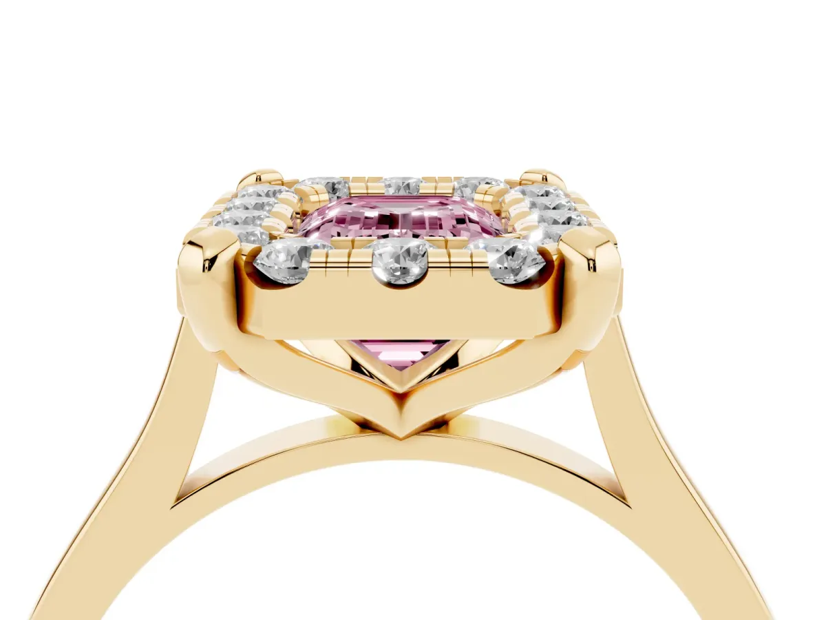 Fancy Pink Emerald Cut Diamond Cluster Halo Solitaire with Four-Prong Setting Yellow gold