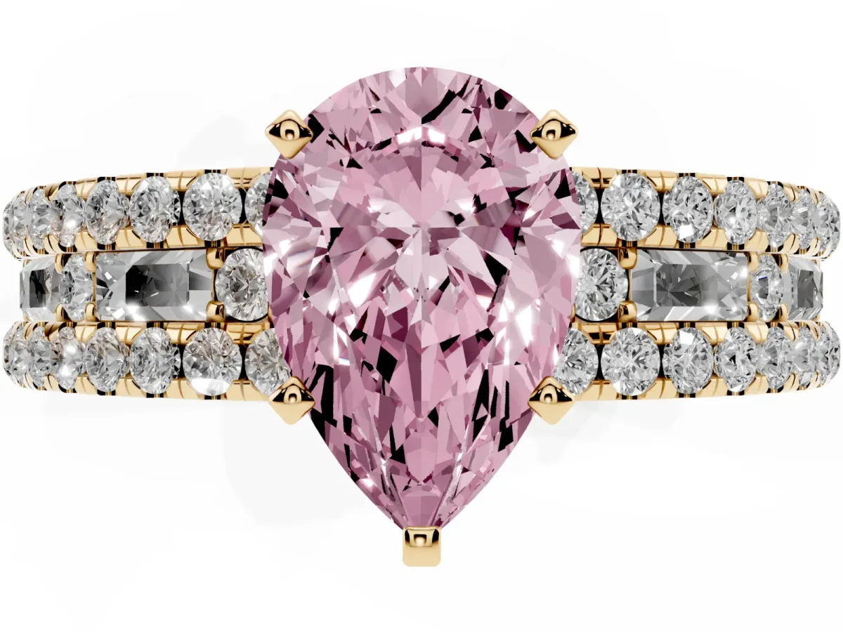 Fancy Pink Pear Cut Diamond Solitaire Ring with Pavé and Channel Set Band Yellow gold