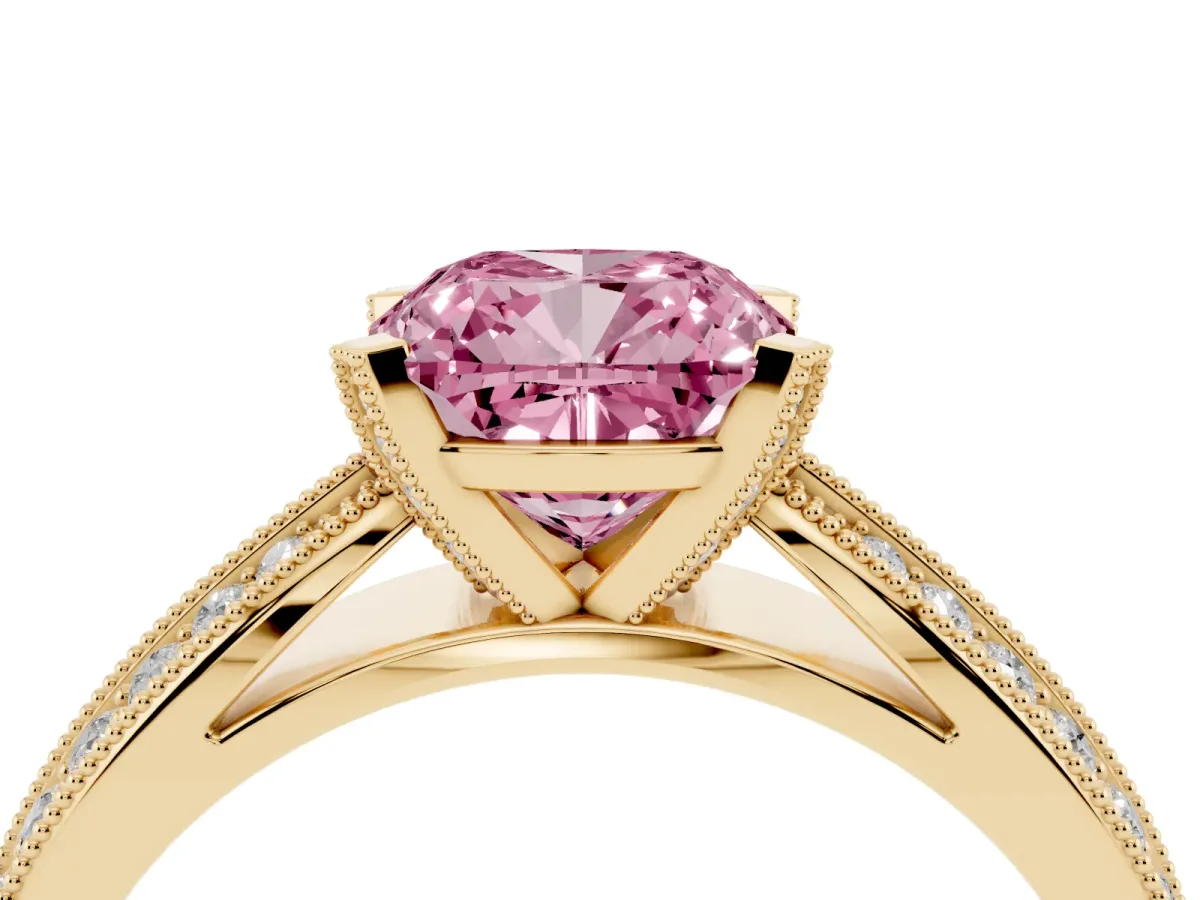 Fancy Pink Cushion Cut Diamond Solitaire Ring with Milgrain Round Pavé Band and Prong Setting Yellow gold