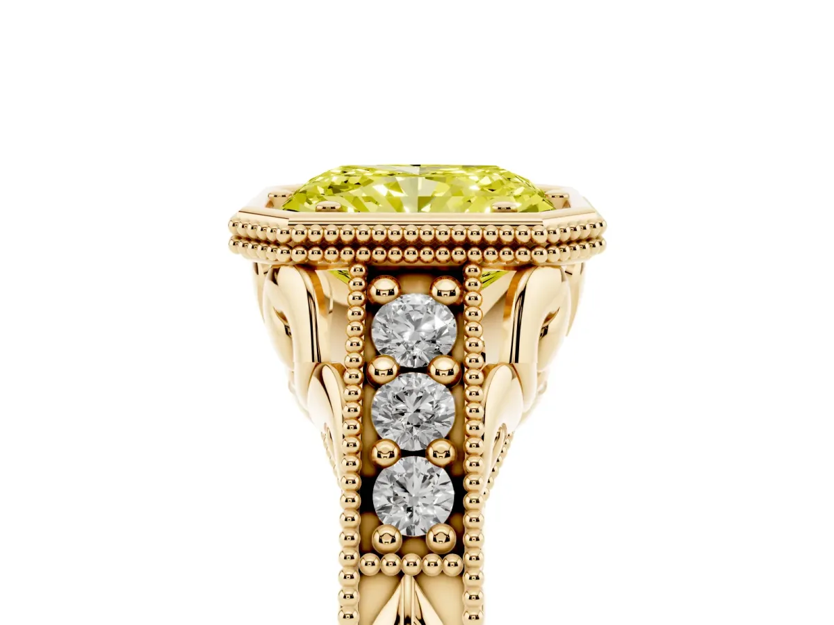 Fancy Yellow Bezel Set Radiant Cut Diamond Milgrain Pave Engagement Ring Yellow gold