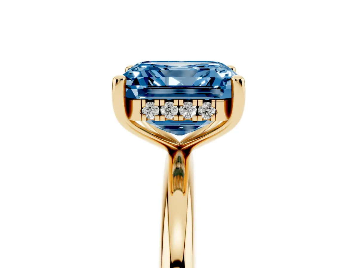 Fancy Blue Asscher Cut Cut Solitaire Engagement Ring with Four-Prong Setting and Classic Band Yellow gold