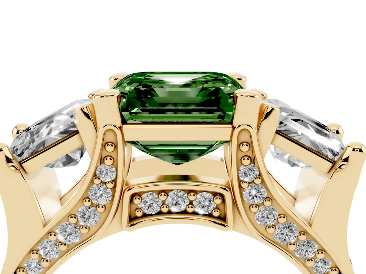 Fancy Green Asscher Cut Diamond Three-Stone Ring with Channel Set Band and Four-Prong Setting Yellow gold