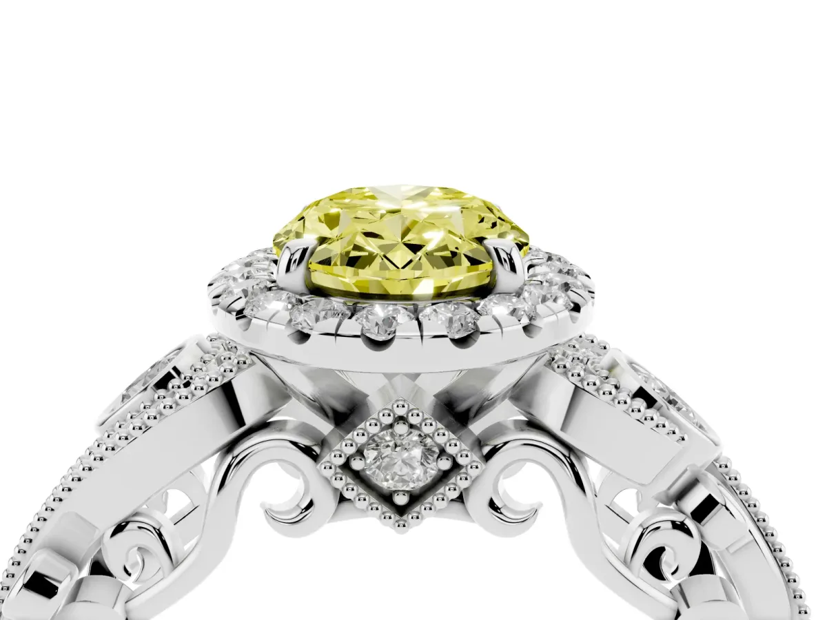 Fancy Yellow Oval Cut Halo Diamond Ring with Milgrain and Bezel Accents on a Split Shank Band Platinum
