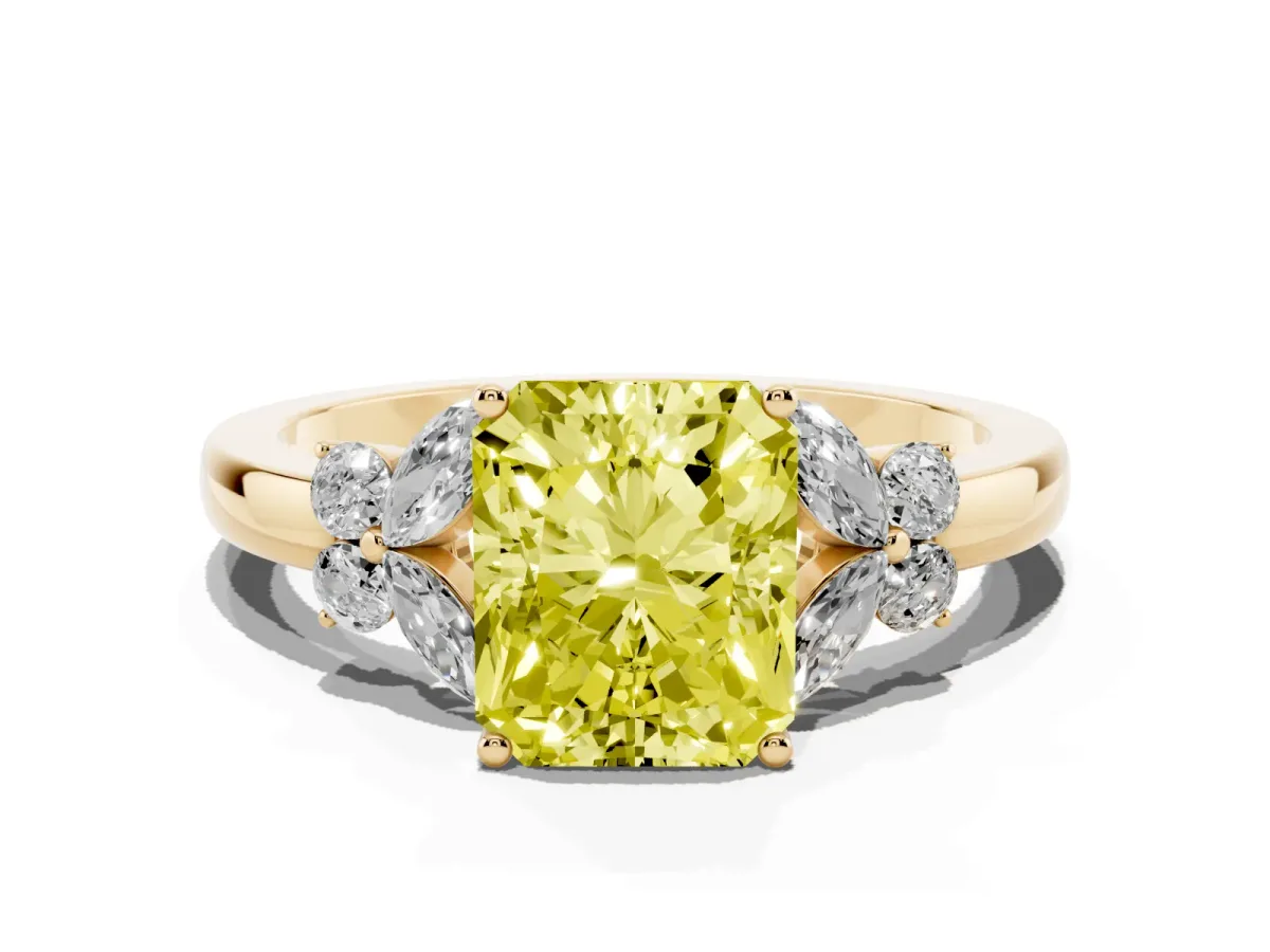 Fancy Yellow Radiant Cut Cut Solitaire Floral Diamond Ring with Four-Prong Setting Yellow gold