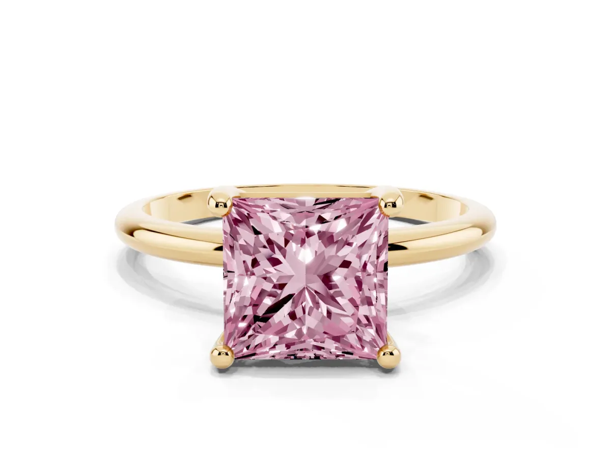 Fancy Pink Princess Cut Solitaire Diamond Ring with 4-Prong Setting on a Classic Band Yellow gold