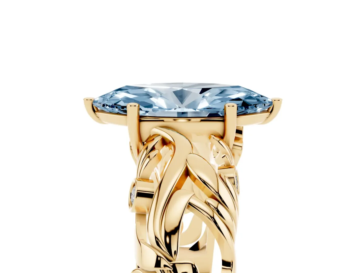 Fancy Blue Marquise Cut Solitaire Diamond Leaf-Inspired Vine Band Ring with Prong Setting Yellow gold